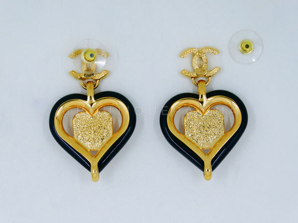 Chanel 23C Black and Pink Heart Drop Earrings