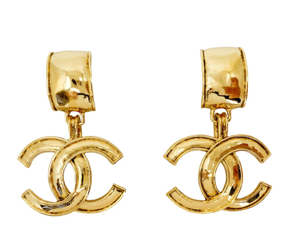Chanel Vintage Large CC Logo Drop Earrings 94P Statement 24k GHW