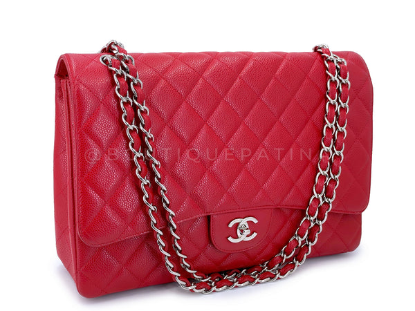 Chanel Red Caviar Maxi Classic Single Flap Bag SHW