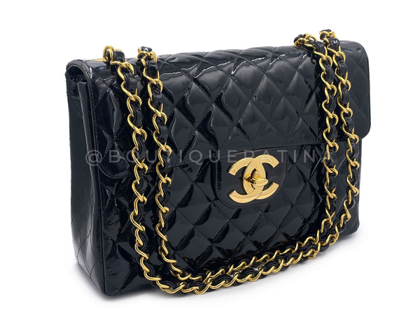 Chanel Vintage Black Patent Jumbo Classic Flap Bag 24K GHW