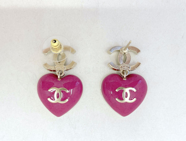 Chanel 23P Crystal CC Pink Heart Drop Earrings