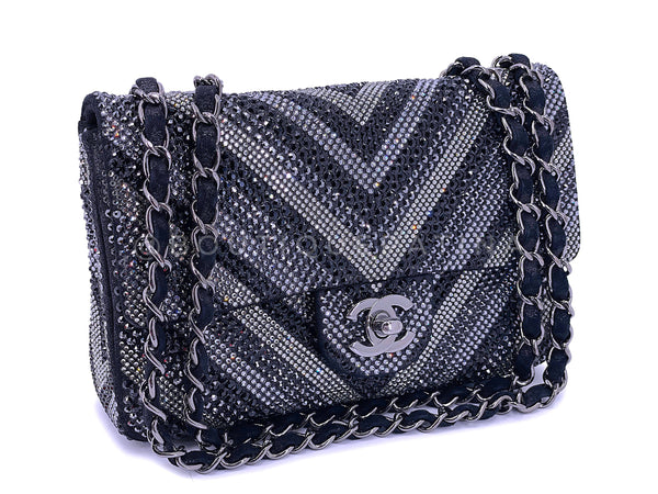 Rare Limited Chanel 2015 Black Chevron Swarovski Crystal Rectangular Mini Flap Bag