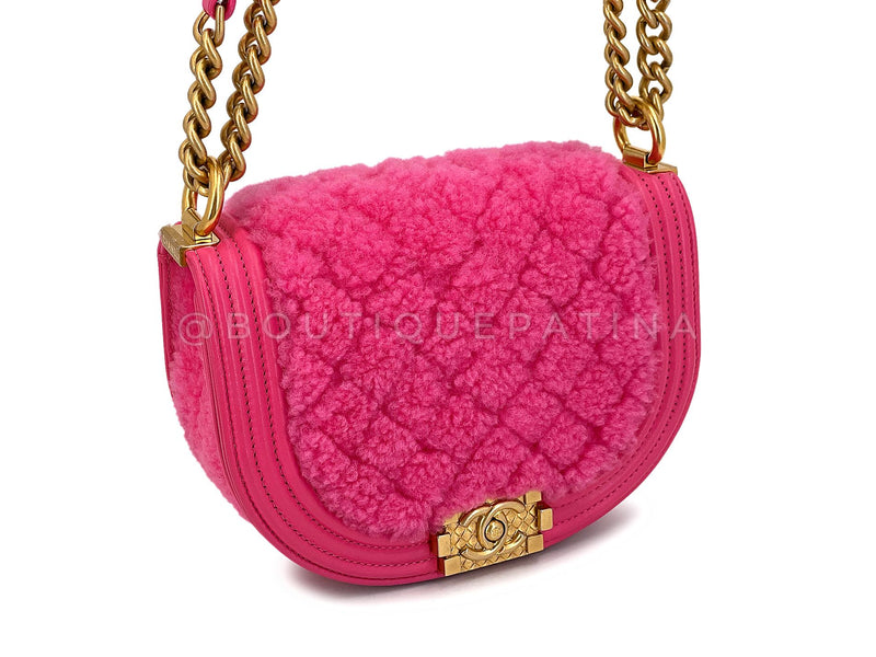 Chanel Fuchsia Pink Shearling Round Boy Flap Bag GHW