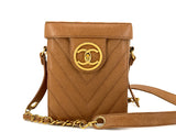 Chanel Vintage Caviar Caramel Brown Chevron Encircled CC N/S Vanity Case Bag MSC