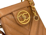 Chanel Vintage Caviar Caramel Brown Chevron Encircled CC N/S Vanity Case Bag MSC