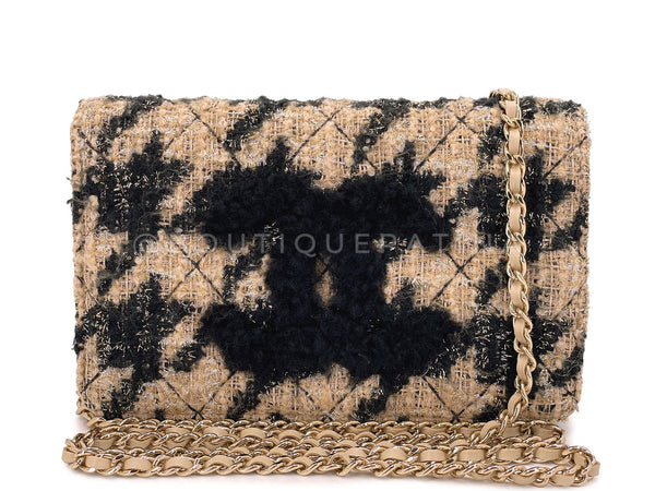 Chanel Houndstooth WOC Tweed Beige Black Wallet on Chain 19A Set Bag