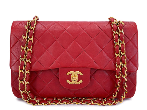 Chanel Vintage Red Small Classic Flap Bag 24k GHW Lambskin Double 1988