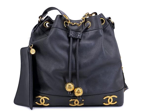 Chanel Bucket Bag 6-CC Rectangular Black Drawstring 24k GHW Lambskin