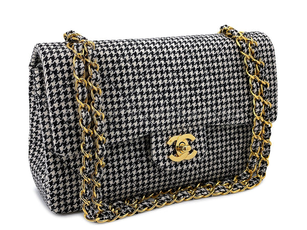 Chanel Vintage Houndstooth Small Classic Flap Bag 1991 Rare 24k GHW Double