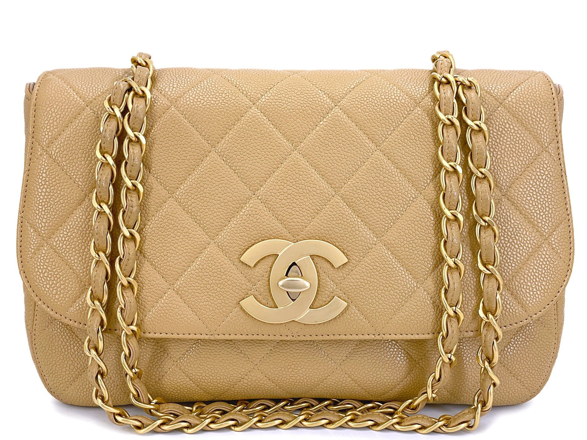 Chanel Vintage Beige Curved Caviar Jumbo Flap Bag 24K GHW Classic 2001 MQV