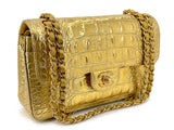 Chanel 19A Gold Crocodile Print Small Classic Double Flap Egyptian Bag GHW YGZ