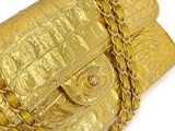 Chanel 19A Gold Crocodile Print Small Classic Double Flap Egyptian Bag GHW YGZ