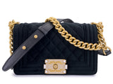 Chanel Small Boy Flap Bag Black Velvet Emerald-Cut Crystal Clasp GHW UGC