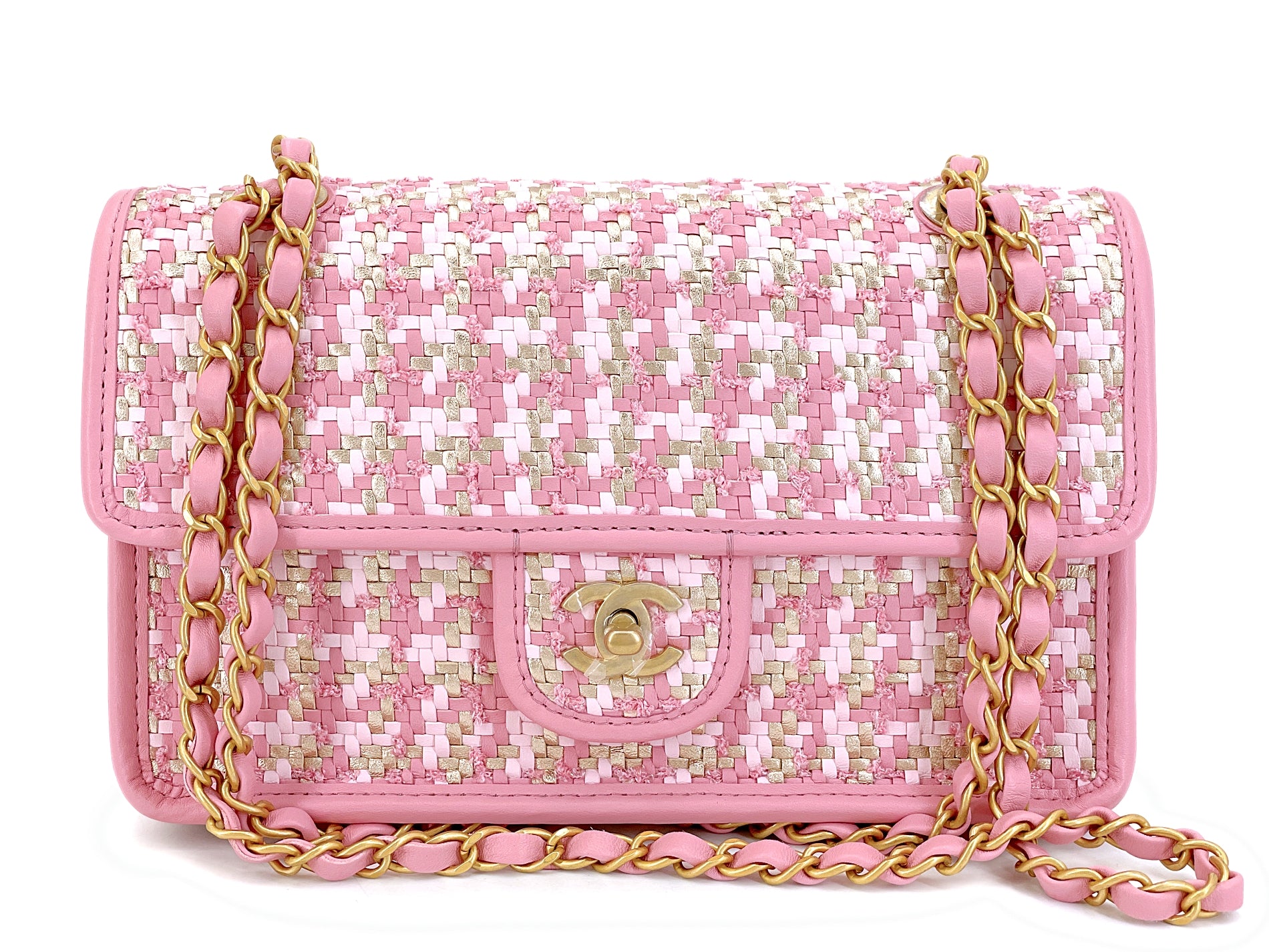 Chanel 23C Woven Houndstooth Pink Gold White Flap Bag GHW 72B