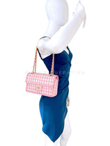 Chanel 23C Woven Houndstooth Pink Gold White Flap Bag GHW 72B