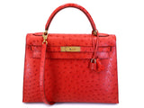Hermès Red Ostrich 32cm Kelly Bag Sellier 24k GHW G3W