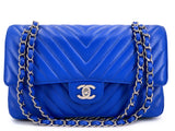 Chanel Blue Chevron Caviar Classic Double Flap Bag SHW E2L