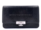 Chanel 2019 Black Shiny Lizard Golden Class WOC Wallet on Chain Flap Bag RHW HK5