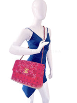 Chanel 1994 Vintage Dark Pink Bandana Maxi Straw Jumbo Flap Bag Paisley Print HKK