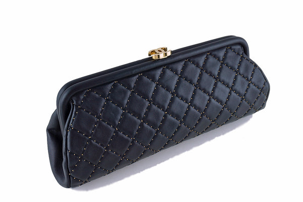 Chanel Limited Black Timeless Quilted Kisslock Gold Studded Clutch Bag - Boutique Patina