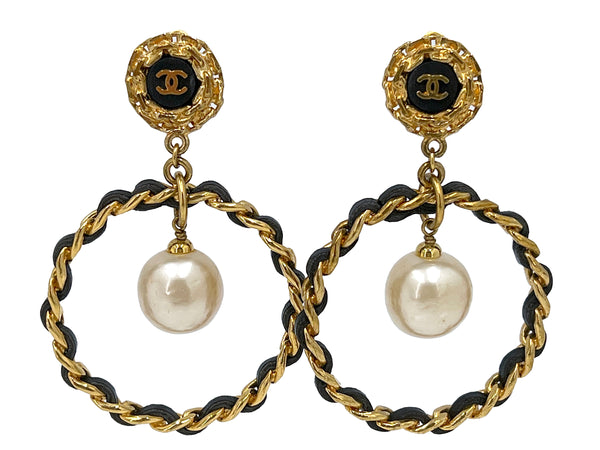 Chanel Vintage Woven Chain Collection 27 Pearl Drop Hoop Earrings - Boutique Patina