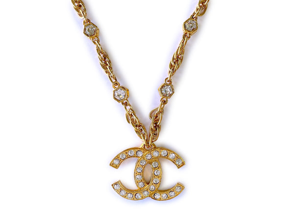 Chanel Vintage 1980s Large Crystal CC Logo Pendant Long Studded Necklace - Boutique Patina
