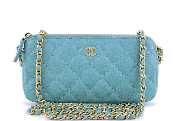 New 18C Chanel Irisdescent Blue Caviar Double Zip Wallet on Chain Clutch WOC Bag - Boutique Patina
