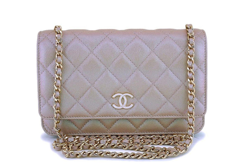 19S Chanel Iridescent Taupe Beige Rose Gold Pearly CC Wallet on Chain WOC Flap Bag - Boutique Patina