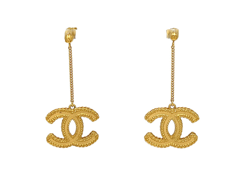 Chanel 12P Brushed Gold CC Logo Dangle Drop Pierced Earrings - Boutique Patina