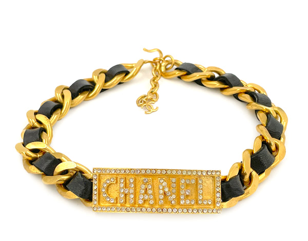 Rare Chanel Vintage 95P Barbie Crystal Letter ID Plate Woven Chain Choker Necklace - Boutique Patina
