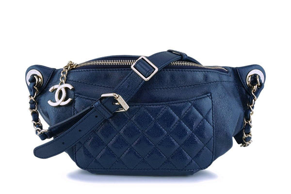 Chanel Blue Glazed Calfskin "Pocket" Banane Fanny Pack Belt Waist Bag GHW - Boutique Patina