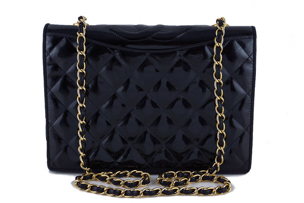Chanel Black Patent Quilted Vintage Timeless Logo Classic Flap Bag - Boutique Patina