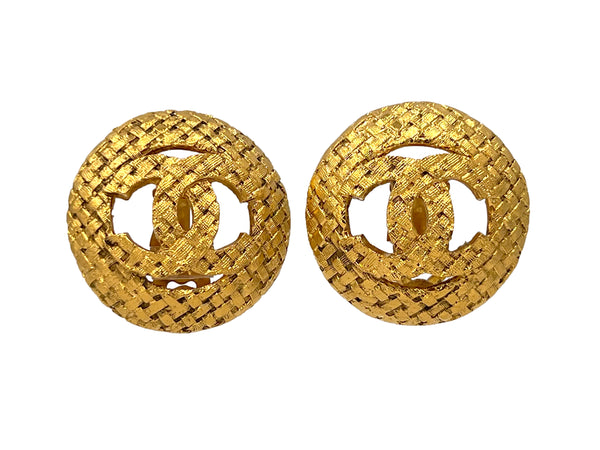 Chanel Vintage Collection 29 "Woven" Gold Logo Stud Earrings - Boutique Patina