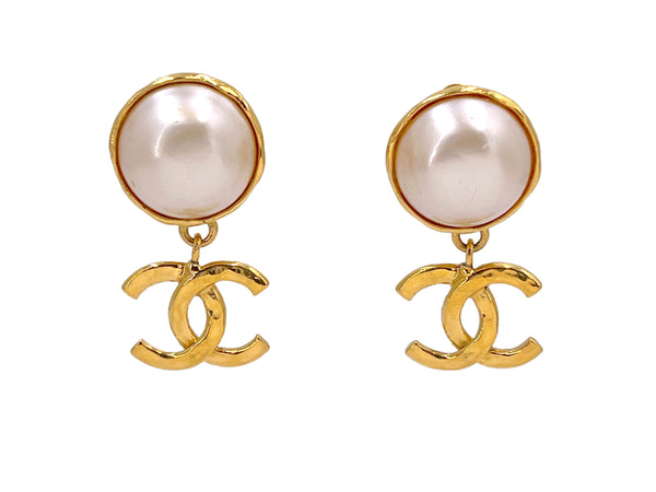 Chanel Vintage 93A Large Pearl and CC Drop Dangle Earrings - Boutique Patina