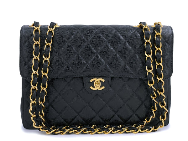 Chanel Vintage 1998 Black Caviar Classic Jumbo Flap Bag 24k GHW - Boutique Patina