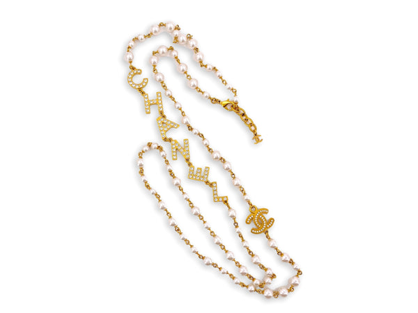 Chanel 20P Crystal Letter Logo Pearl Station Long Necklace
