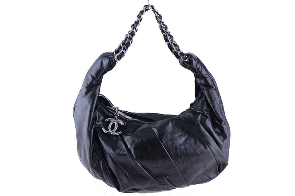 Chanel Black Ruched Luxury Hobo Tote Bag CC Charm - Boutique Patina