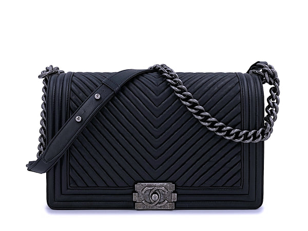 Chanel Black Herringbone Chevron New Medium Boy Bag RHW - Boutique Patina