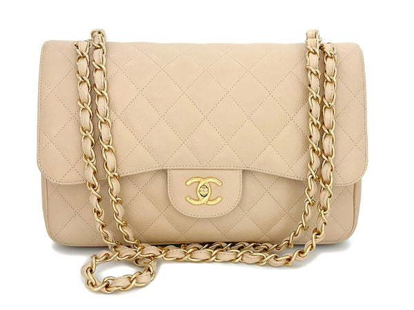Chanel Beige Clair Caviar Jumbo Classic Double Flap Bag GHW - Boutique Patina