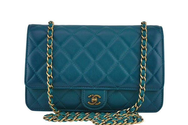 Chanel Blue-Green Classic Quilted WOC Wallet on Chain Flap Bag - Boutique Patina