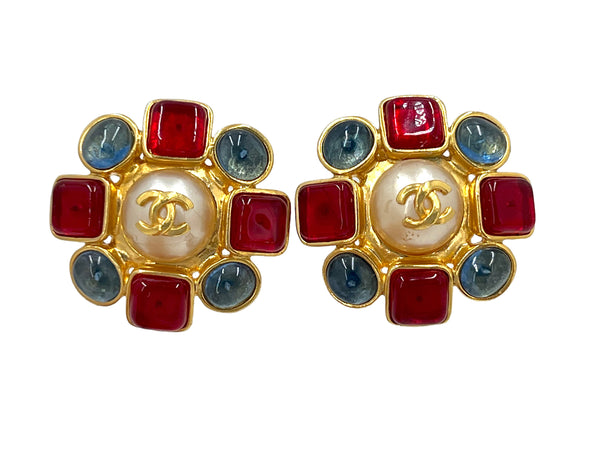 Chanel Vintage 97A Red and Blue-Gray Gripoix and Pearl Large Stud Earrings - Boutique Patina
