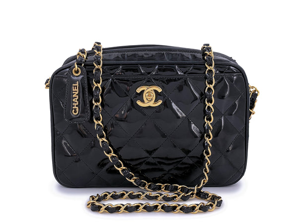 Chanel Vintage Black Small Classic Camera Case Bag CC Turnlock Patent 24k GHW - Boutique Patina