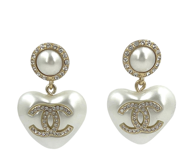 Chanel 21A Coco Neige Pearl Heart Crystal CC Dangle Drop Earrings - Boutique Patina