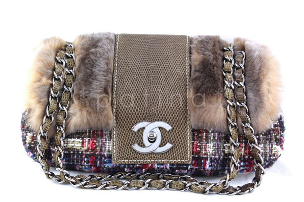 Chanel 10in. Lizard Chain Tweed Fur Vested Classic Flap Bag - Boutique Patina