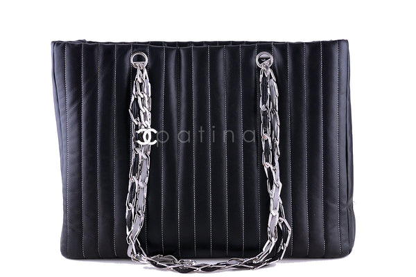 Chanel Black Lambskin Tote, Mademoiselle Vertical Stitch Shopper Bag - Boutique Patina
