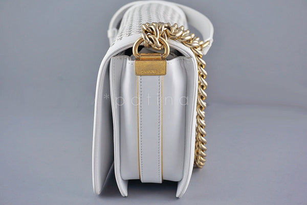 Chanel White Le Boy Gold-trimmed Rattan Flap Bag - Boutique Patina