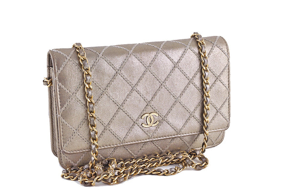 Chanel Pewter Gold Luxury Stitched Metallic WOC Wallet on Chain Bag - Boutique Patina
