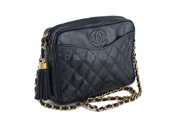 Chanel Black Lizard Classic Quilted Camera Case Bag - Boutique Patina