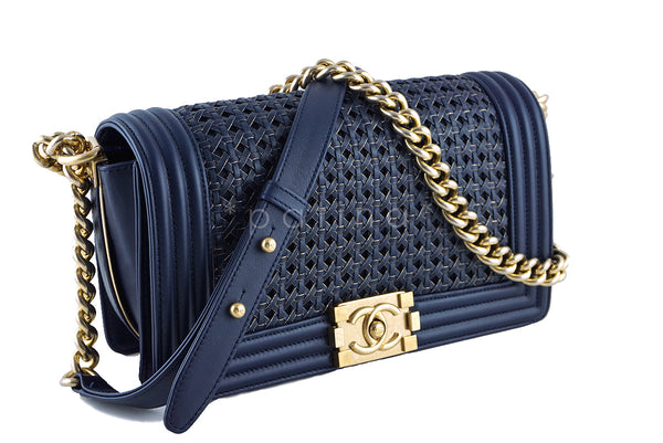 Chanel Boy Bag, Navy Blue Medium Gold-Trimmed Woven Flap - Boutique Patina