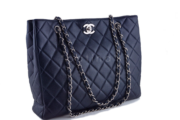 Chanel Caviar Navy Blue Classic Quilted Shopper Tote Bag - Boutique Patina